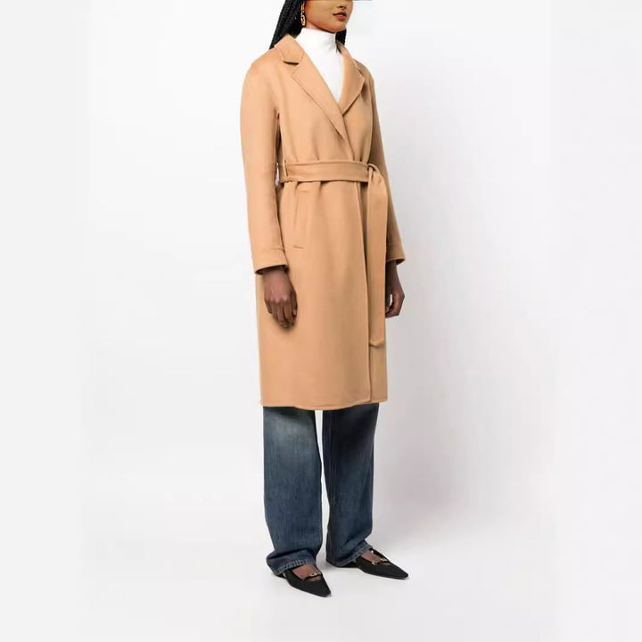 Women's Midi-Length Wrap Coat in Clean-Cut made of Wool-Cashmere Blend with Tie Belt Mune Fashion