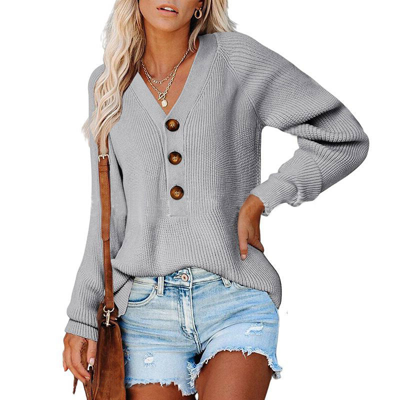 Women's Ribbed Knit Sweater with V-Neck, Decorative Button Placket and Balloon Sleeves Mune Fashion