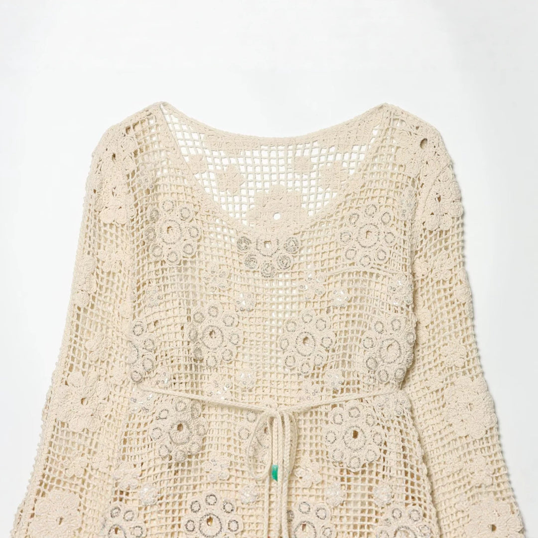 Women's crocheted oversized pullover with floral openwork and round neckline Mune Fashion