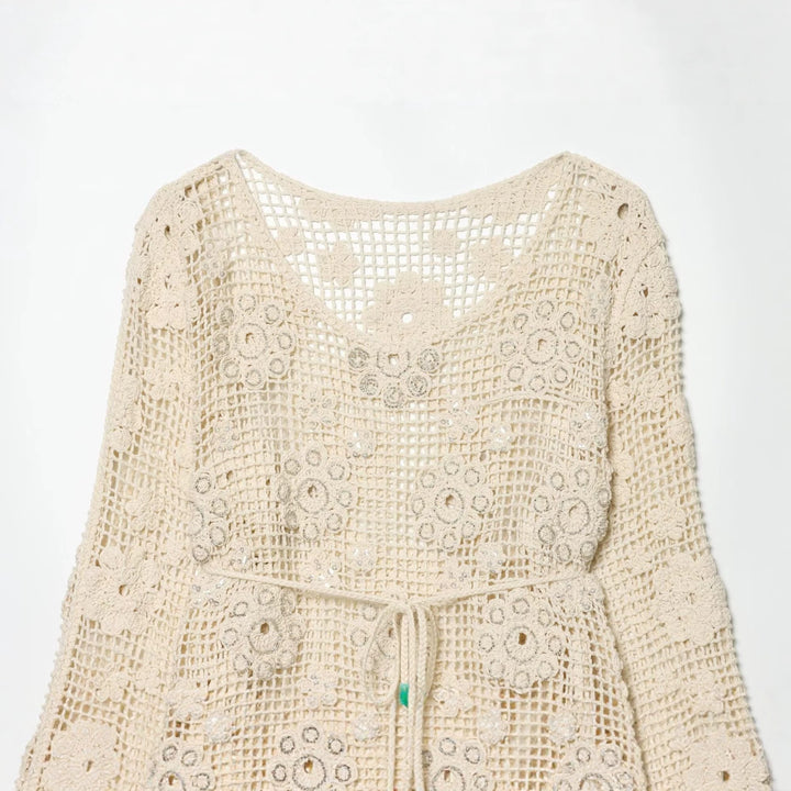 Women's crocheted oversized pullover with floral openwork and round neckline Mune Fashion