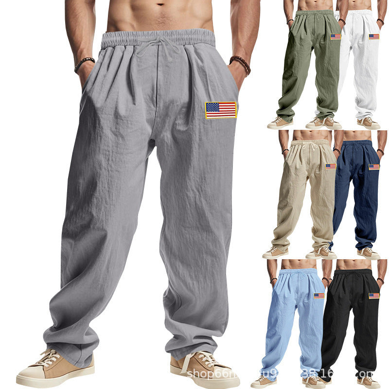 Men's Comfortable Leisure Pants with Elastic Waistband and Usa Flag Application Mune