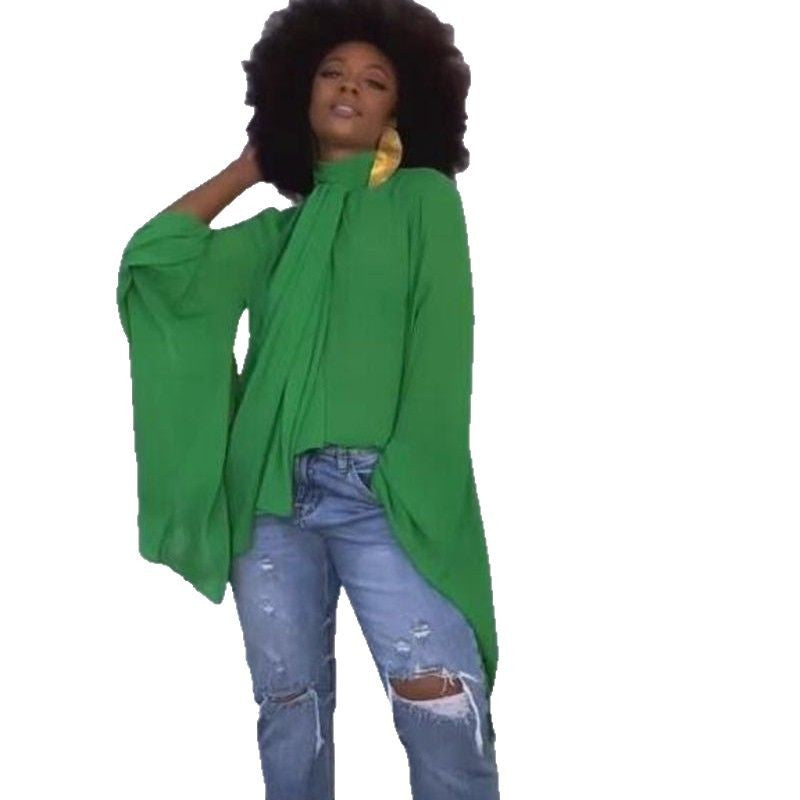 Women’s flowing pull-on blouse with wide batwing sleeves and tie at the neck Mune Fashion