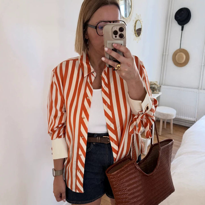 Women Striped Oversize Shirt Blouse with Ties on Sleeves and Concealed Button Placket Mune Fashion