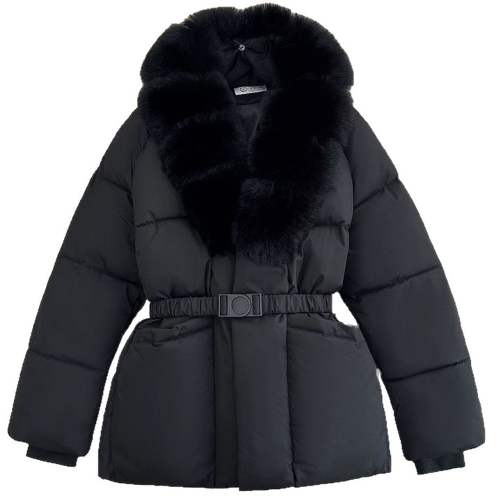 Women Tailored Short Quilted Jacket with voluminous Shawl Collar made of Faux Fur and Decorative Belt Mune Fashion