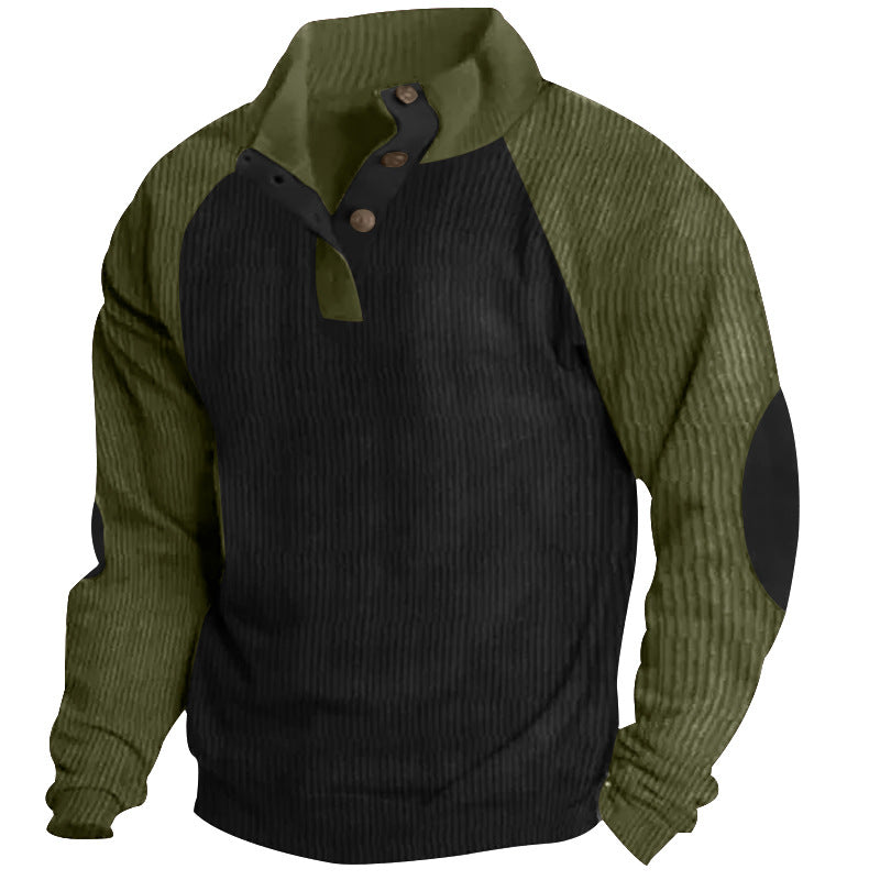 Men's structured Henley sweatshirt with stand-up collar, raglan sleeves, and elbow patches Mune Fashion