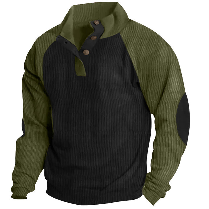 Men's structured Henley sweatshirt with stand-up collar, raglan sleeves, and elbow patches Mune Fashion