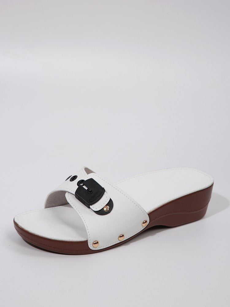 Women slip-on sandals with cushioned comfort footbed, decorative buckle and lightweight wedge sole Mune Fashion