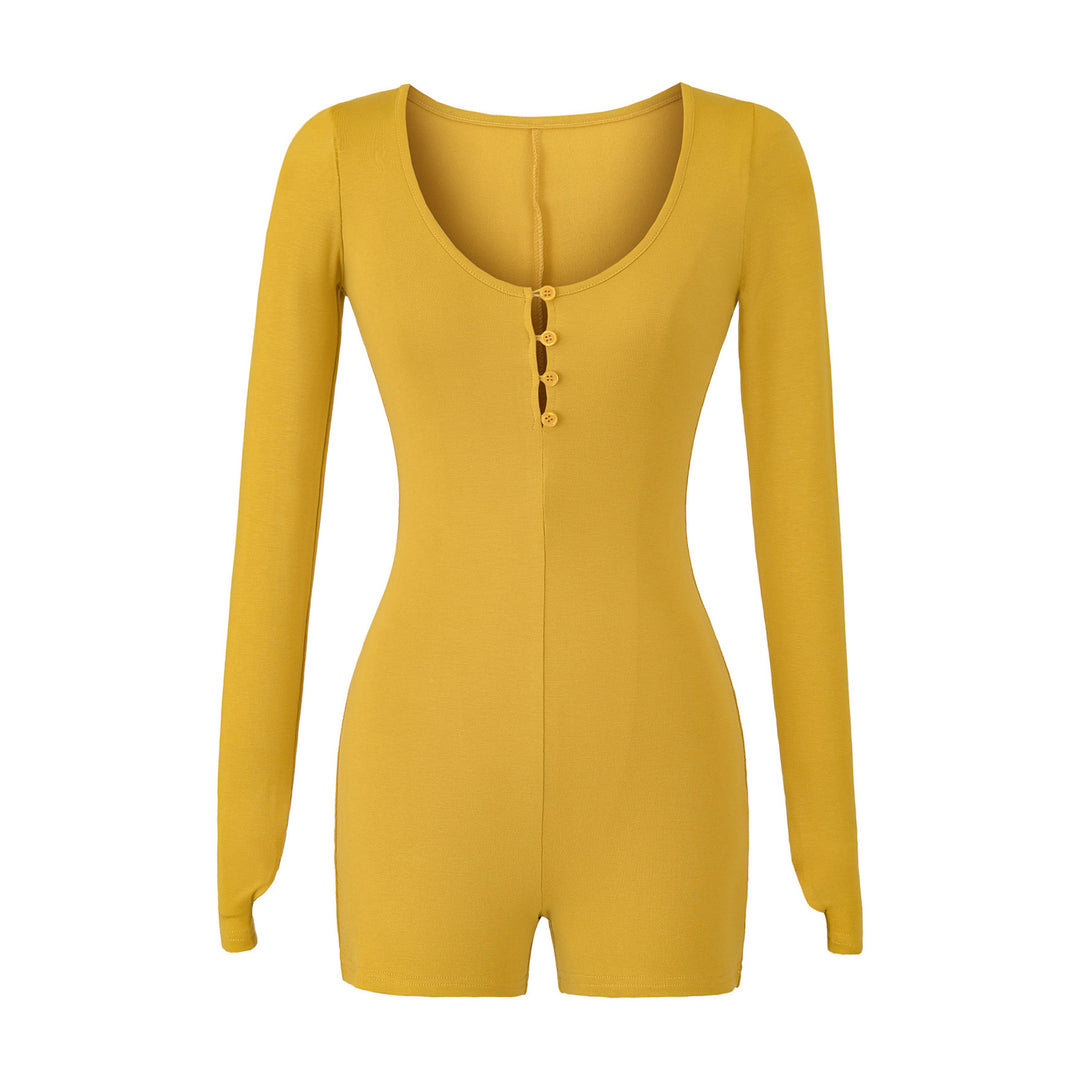 Women Fitted Long Sleeve Bodysuit with Button Placket and Short Shorts Mune Fashion