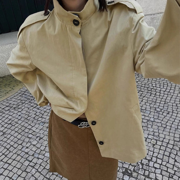 Women's Short Blouse-Trench with Stand-up Collar, Shoulder Patches and Balloon Sleeves Mune Fashion