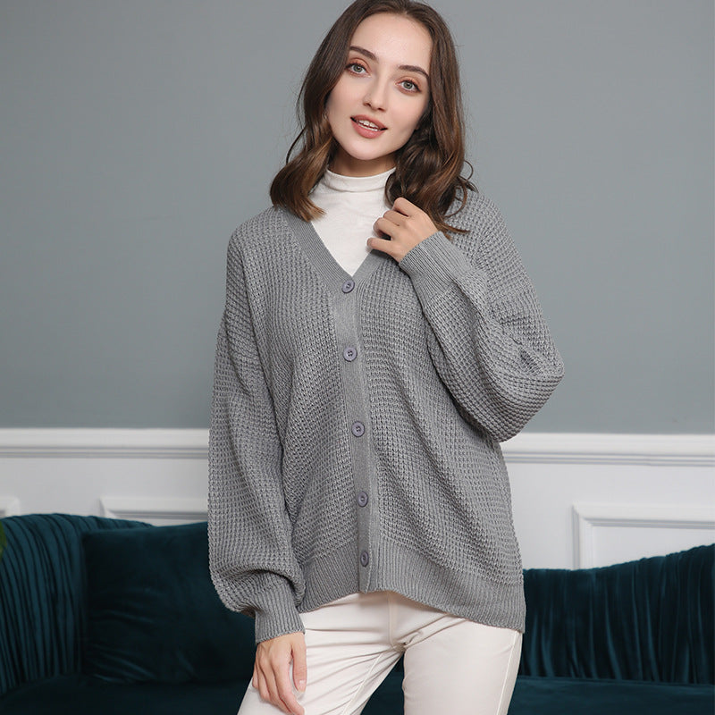 Women Waffle Structure Cardigan with Deep V Neck and Boxy Oversized Cut Mune Fashion