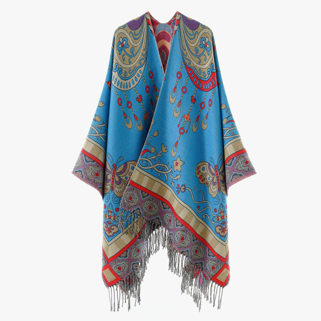 Women's Jacquard-Woven Fringe Poncho in Tapestry Look Mune Fashion