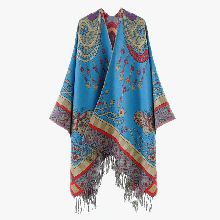 Women's Jacquard-Woven Fringe Poncho in Tapestry Look Mune Fashion