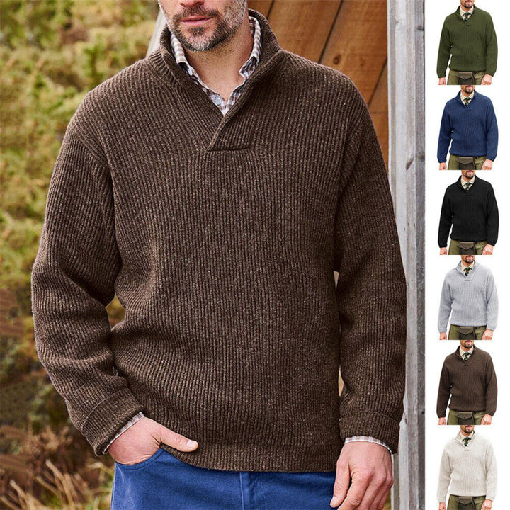 Men's ribbed knit pullover with shawl collar and short V-neck Mune Fashion