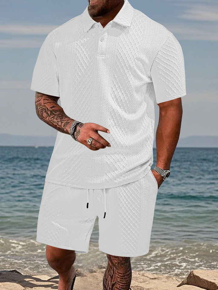 Men's embossed beach ensemble with open short sleeve shirt and cord Bermuda Mune Fashion