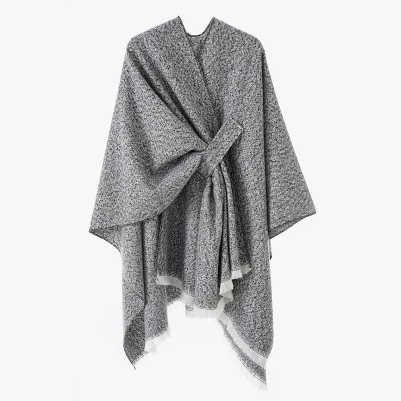 Women's wool blend cape with tie loop and fringe hem Mune Fashion