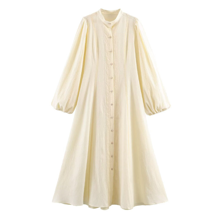 Women's maxi dress with standing collar, continuous button placket and balloon sleeves Mune Fashion