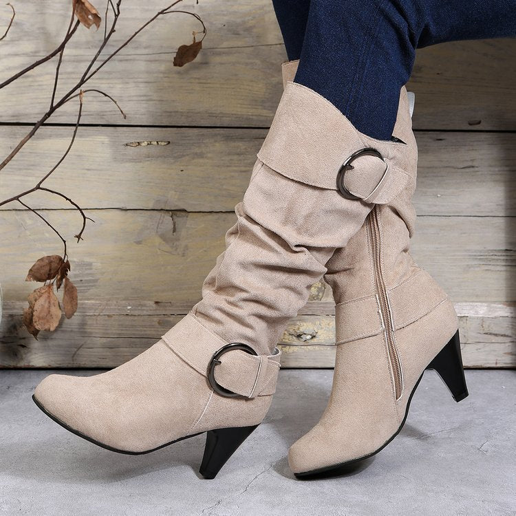 Women’s boots with soft faux suede, slip-on shaft and decorative buckles Mune Fashion