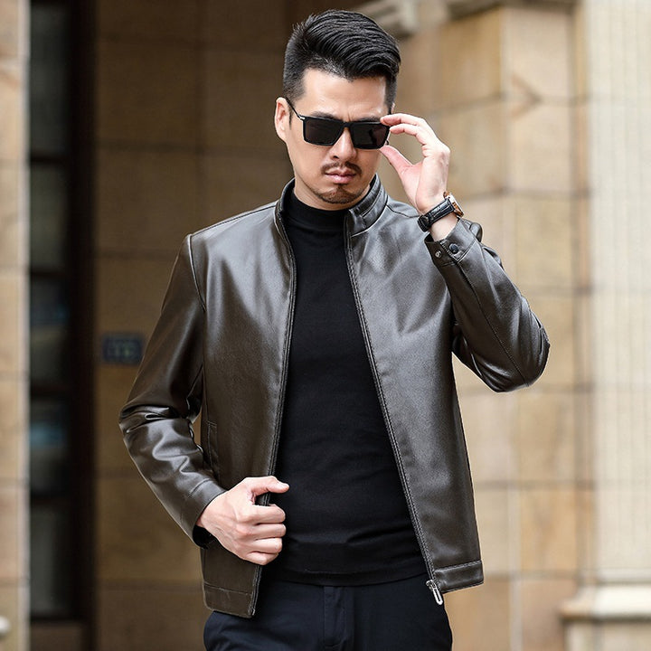 Men's imitation leather transitional jacket with stand-up collar and concealed zipper Mune Fashion