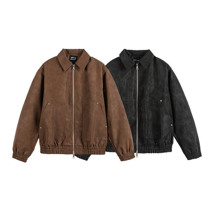 Men's leather-like blouson with shirt collar, two-way zipper, and elastic hem Mune Fashion