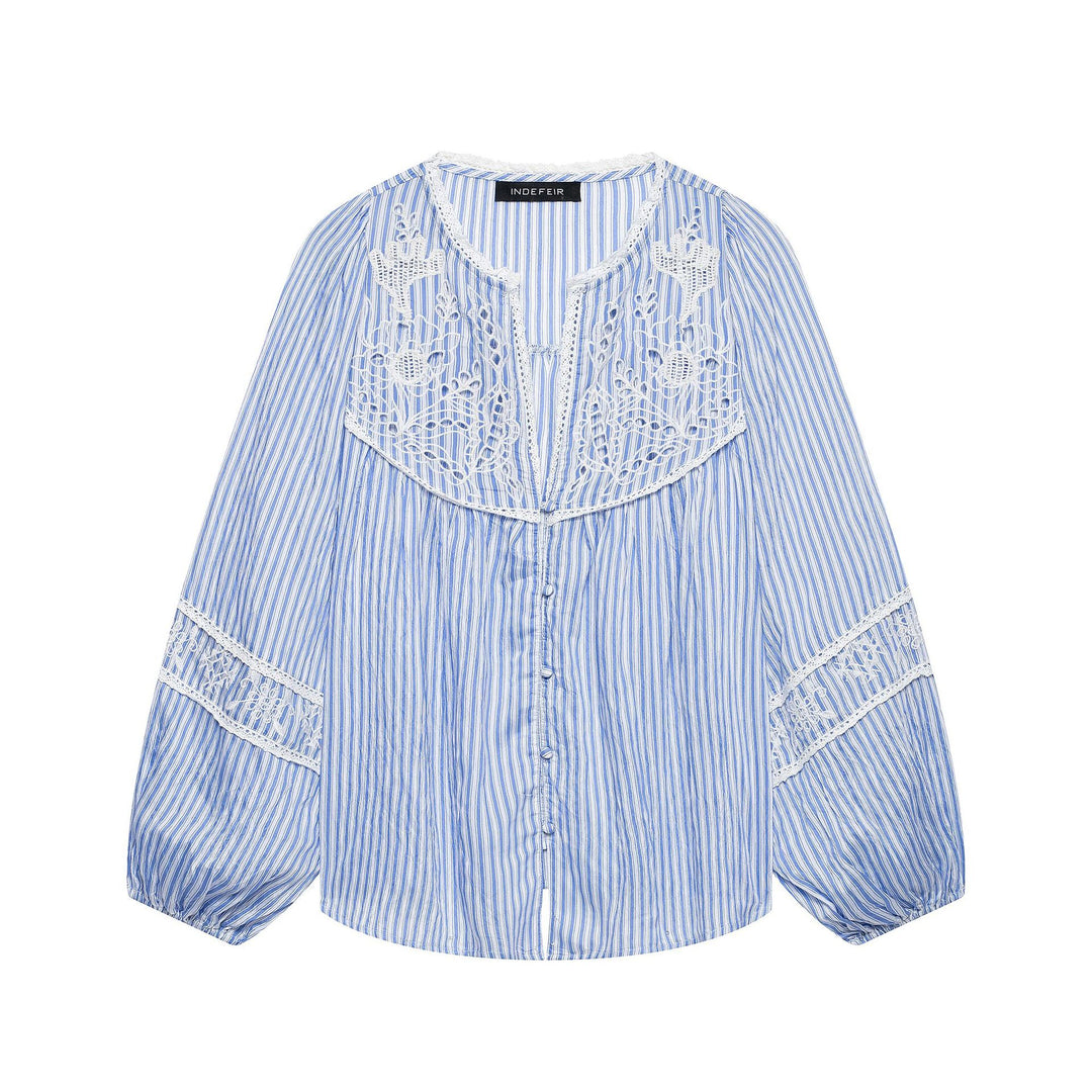 Ladies Striped Blouse with Crochet Lace, Balloon Sleeves and Button Placket Mune Fashion