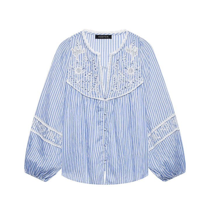 Ladies Striped Blouse with Crochet Lace, Balloon Sleeves and Button Placket Mune Fashion