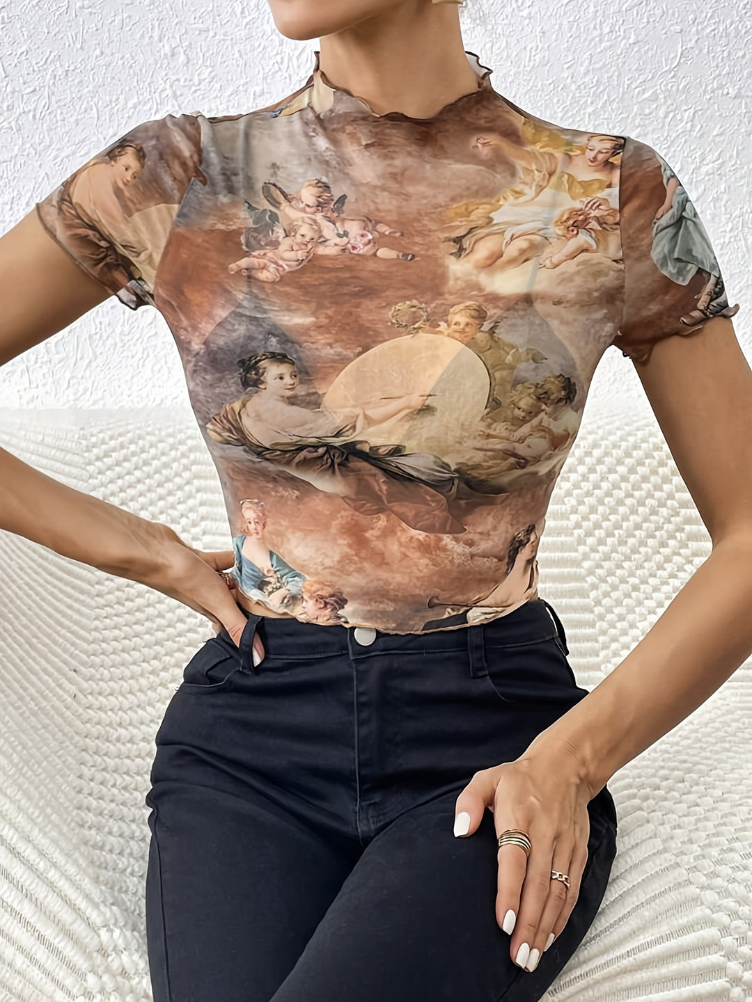 Women nan figure-hugging transparent mesh top with baroque angel print, stand collar and ruffled hem Mune Fashion