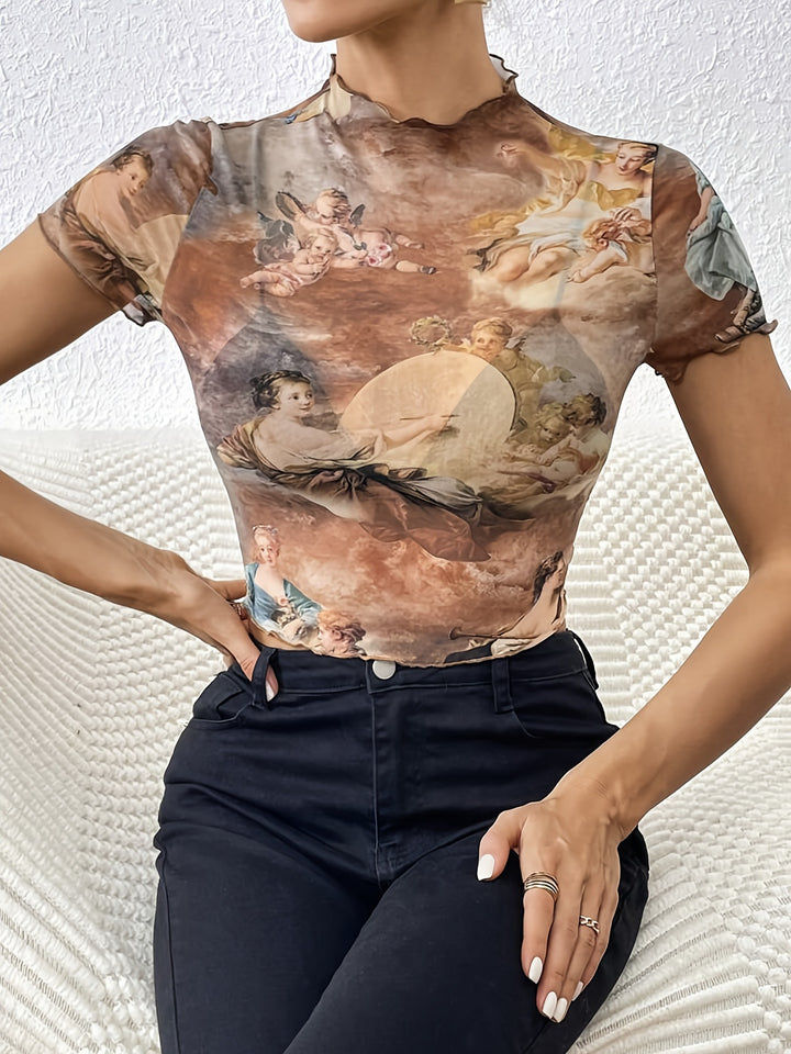 Women nan figure-hugging transparent mesh top with baroque angel print, stand collar and ruffled hem Mune Fashion