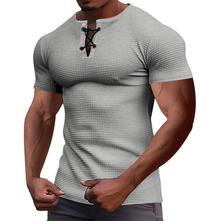 Men's short-sleeve shirt with lace collar, metal eyelets, and fine structured jersey Mune Fashion