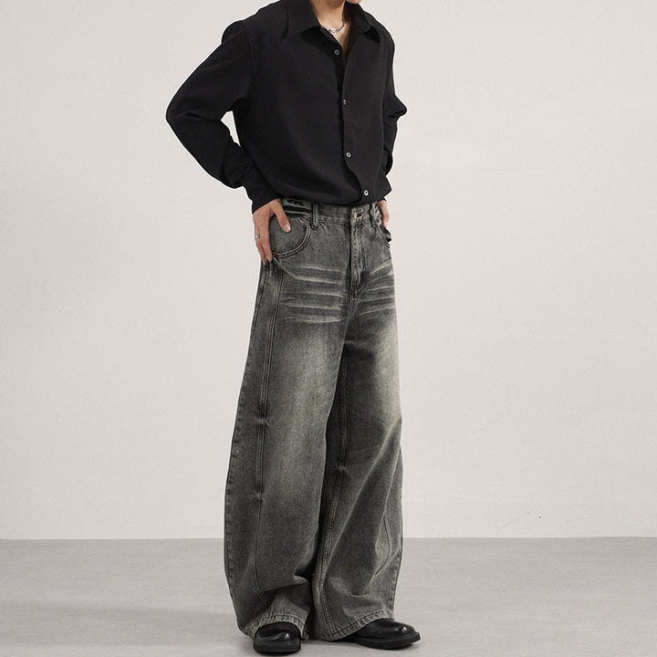 Men's Ultra-wide Vintage Washed Denim Palazzo Pants with Low Croth and Straight Hem Mune Fashion