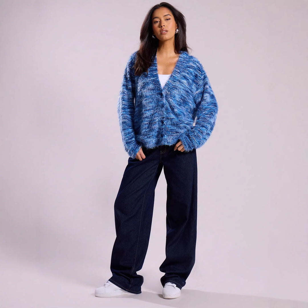 Women's Oversize Fuzzy Sweater with Wide Carmen Neckline and Mélange Knit Structure Mune Fashion