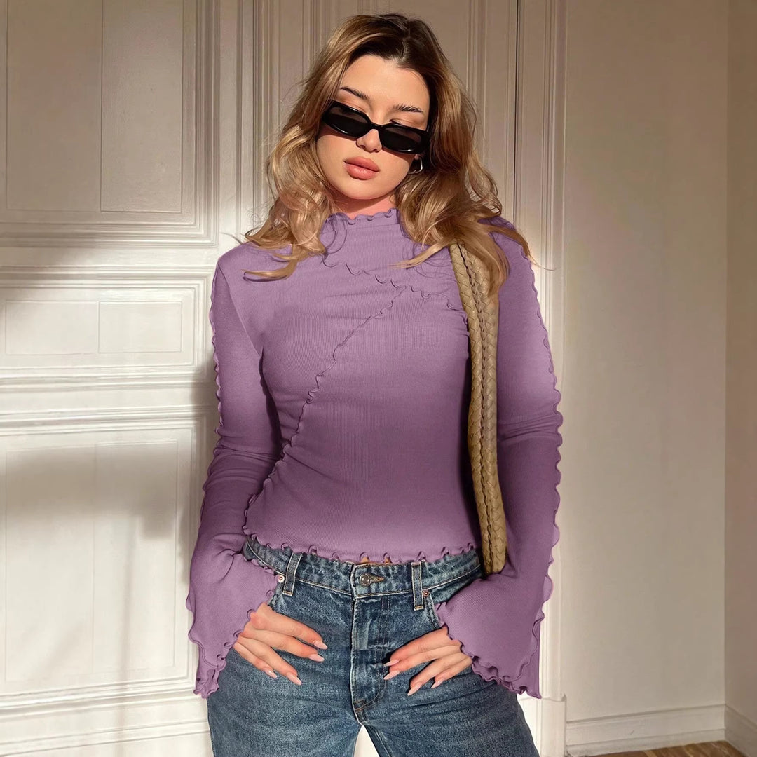 Women's Ribbed Long Sleeve Top with Ruffle Hem and Stand-Up Collar Mune Fashion