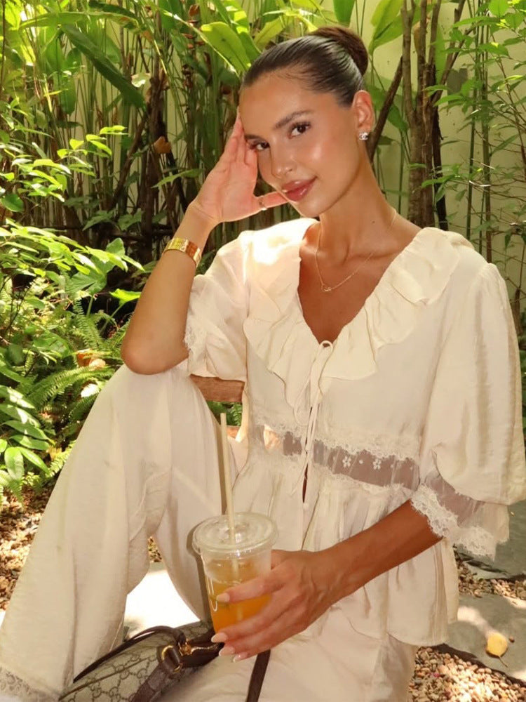 Women Romantic Linen Blouse with Ruffles, Lace Inserts & Cord Closure Mune Fashion