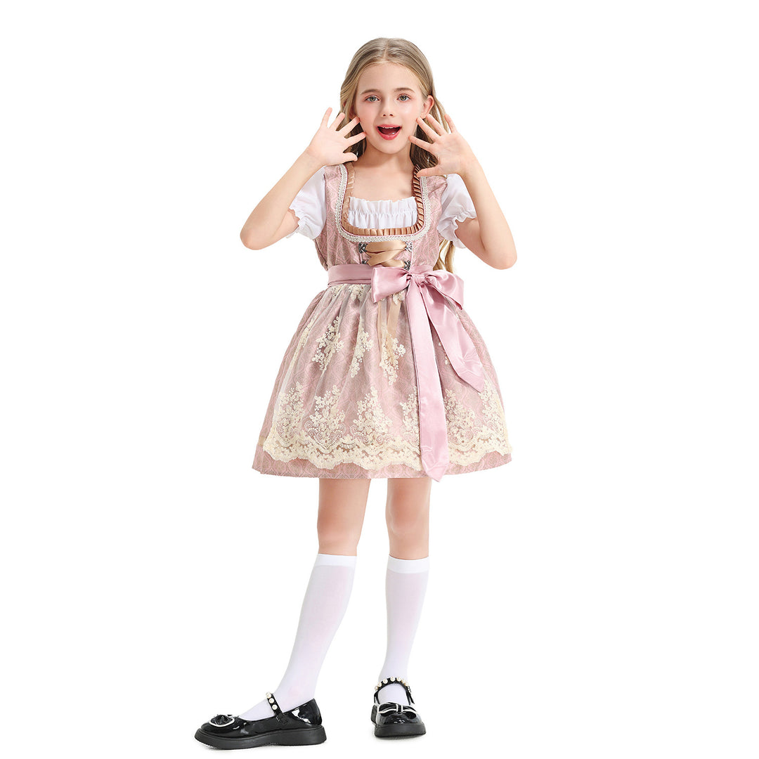 Ladies' festive children's dirndl with lace top, satin apron, and puff sleeves Mune Fashion