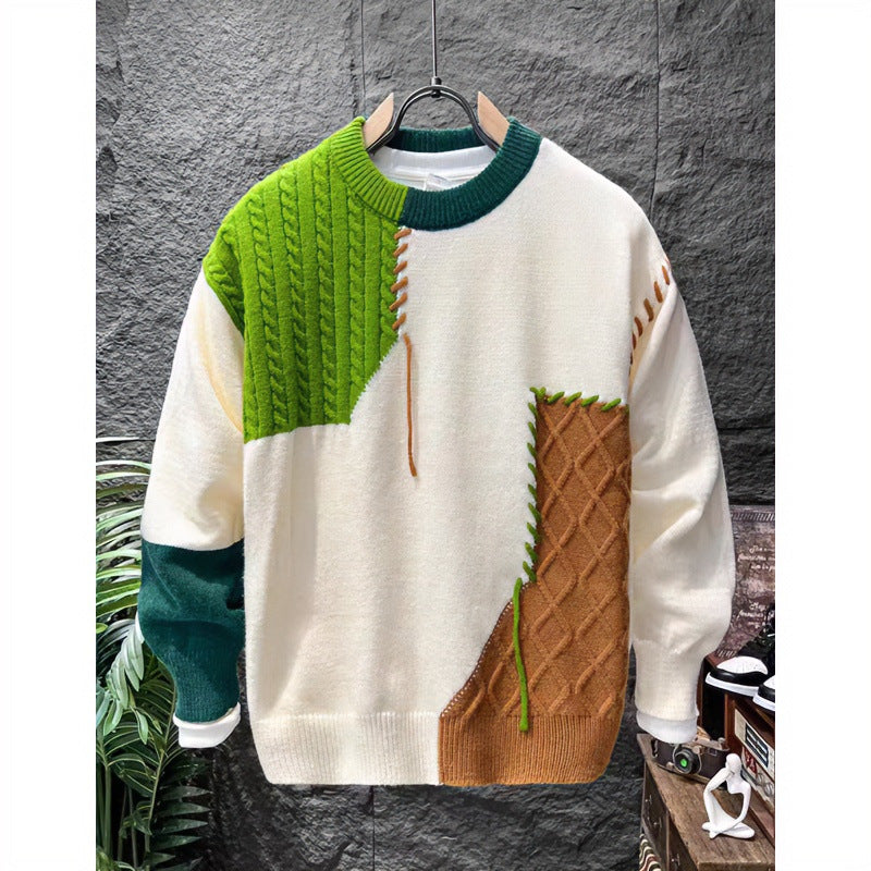 Unisex Patchwork-Oversize-Knitted Sweater with Cable and Diamond Pattern, Decorative Contrast Seams and Round Neckline Mune Fashion