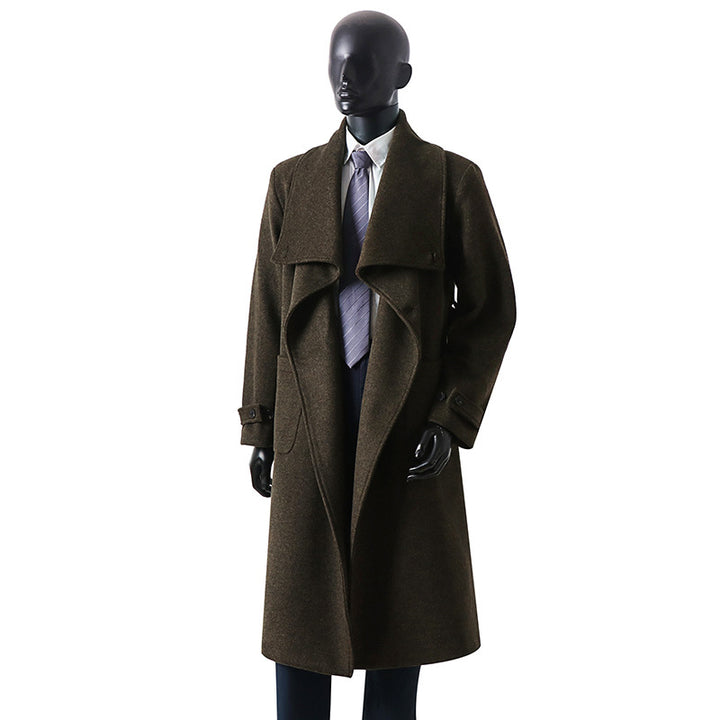 Men's Elegant Long Coat made of Wool Blend with Generous Shawl Collar and Roll-Up Cuffs Mune Fashion