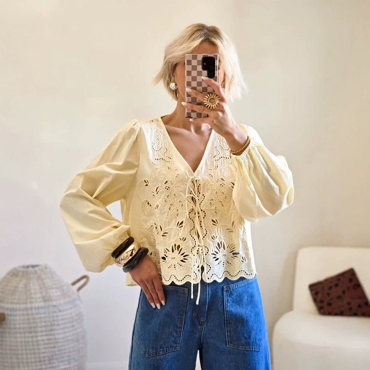 Women's Light Embroidery Anglaise Lace Blouse with V-Neck, Ties and Balloon Sleeves Mune Fashion