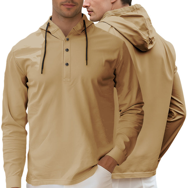 Men's Hooded Henley Long Sleeve Shirt made of lightweight stretch jersey with drawstring Mune Fashion