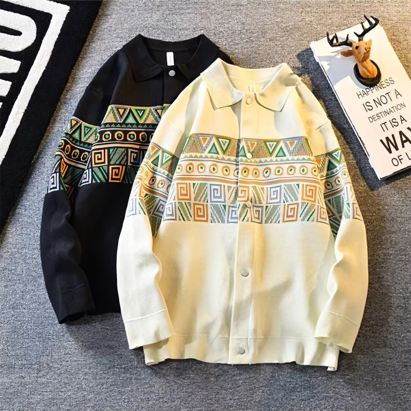 Women's Oversized Cardigan with Jacquard Yoke and Snap Button Placket Mune Fashion