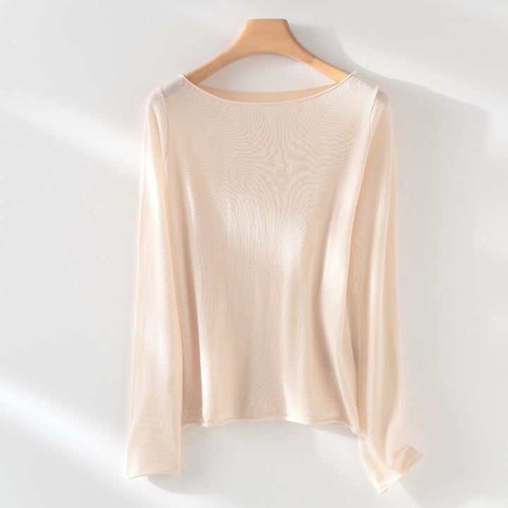 Women's Long Sleeve Fine Knit Shirt with Boat Neck and Light Draping Mune Fashion