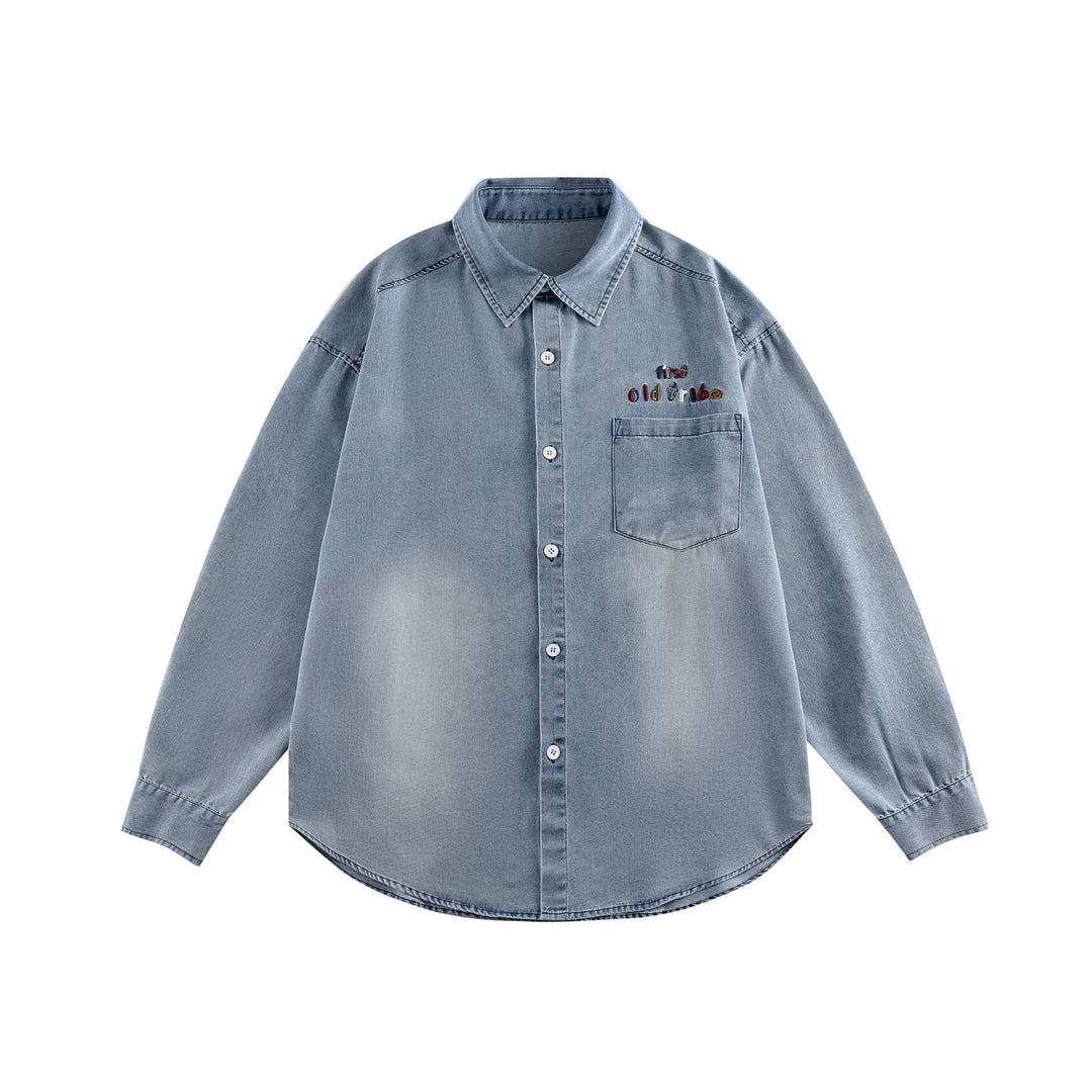 Unisex Oversize Denim Shirt Jacket with Rounded Hem and Embroidered Chest Motif Mune Fashion