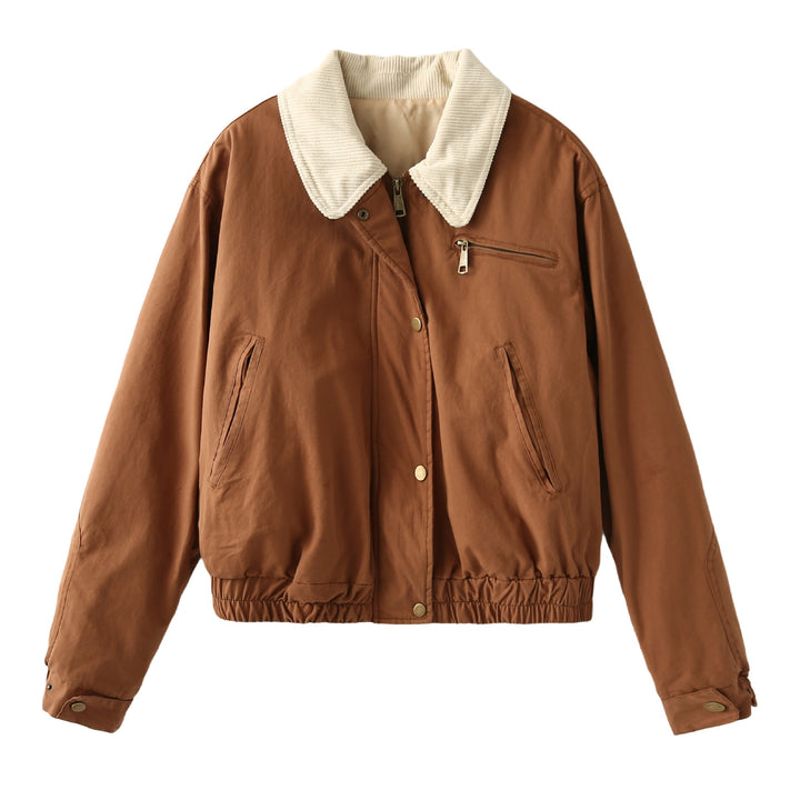 Women's cropped bomber jacket with corduroy collar, chest zipper, and elastic drawstring hem Mune Fashion