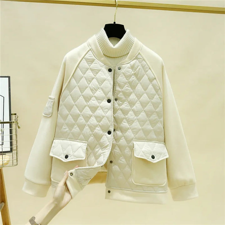 Women's quilted baseball bomber jacket with diamond stitching, flap pockets, and elastic cuffs Mune Fashion