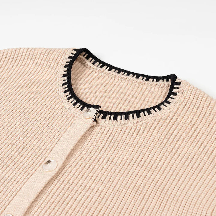 Ladies nan ribbed cardigan with round neck, contrasting piping and continuous button placket Mune Fashion