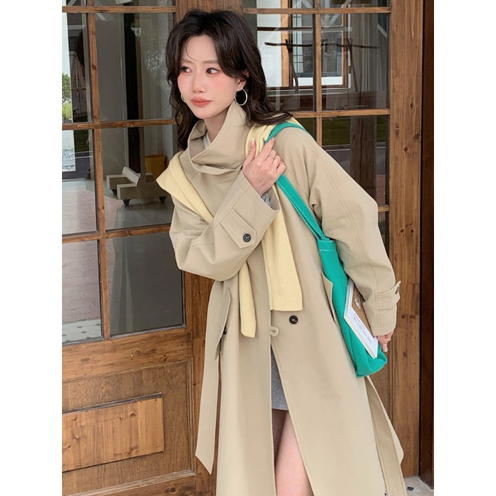 Ladies Longer Trench Coat with High Stand-Up Collar and Raglan Sleeves Mune Fashion
