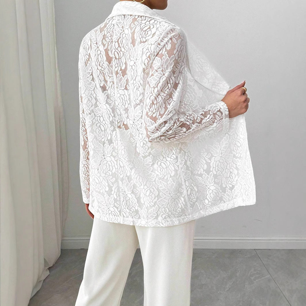 Ladies nan lace blazer with shawl collar and floral transparency Mune Fashion