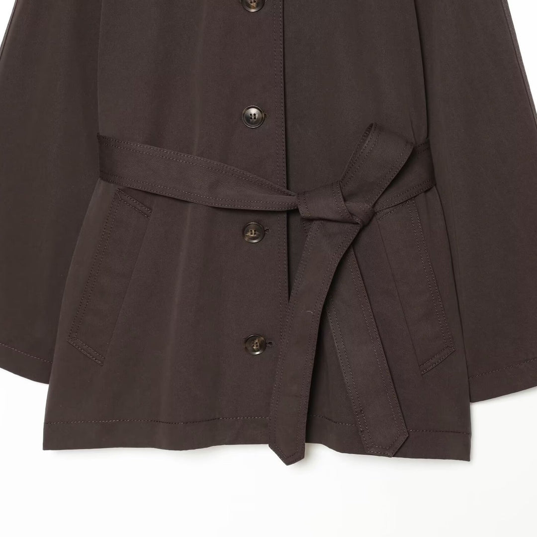 Women Short Trench Cape with Waist Belt, Epaulettes and Patch Pockets Mune Fashion