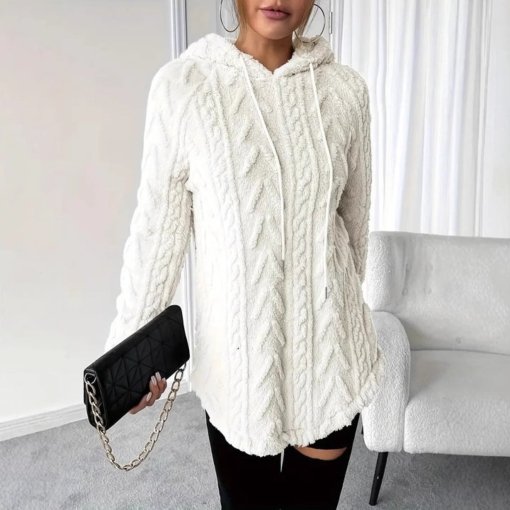 Women's cozy hooded jacket made of teddy fleece with cable pattern and gathered hem Mune Fashion
