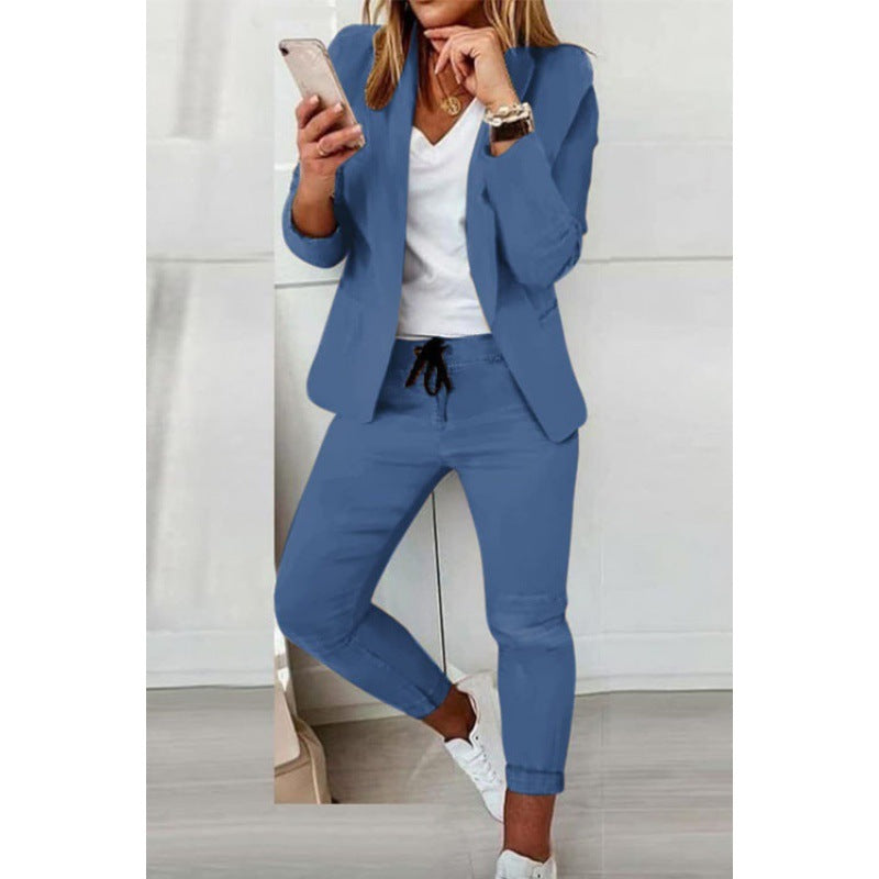 Women's Two-Piece Stretch Jersey Blazer Set with Drawstring Jogging Pants Mune Fashion