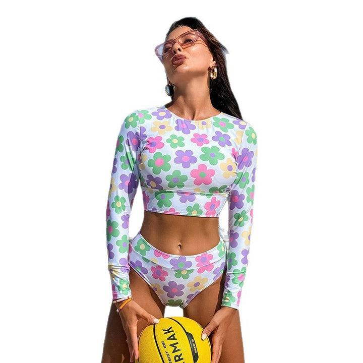 Ladies' Sport Bikini with Long Sleeve and Floral Pattern Mune Fashion