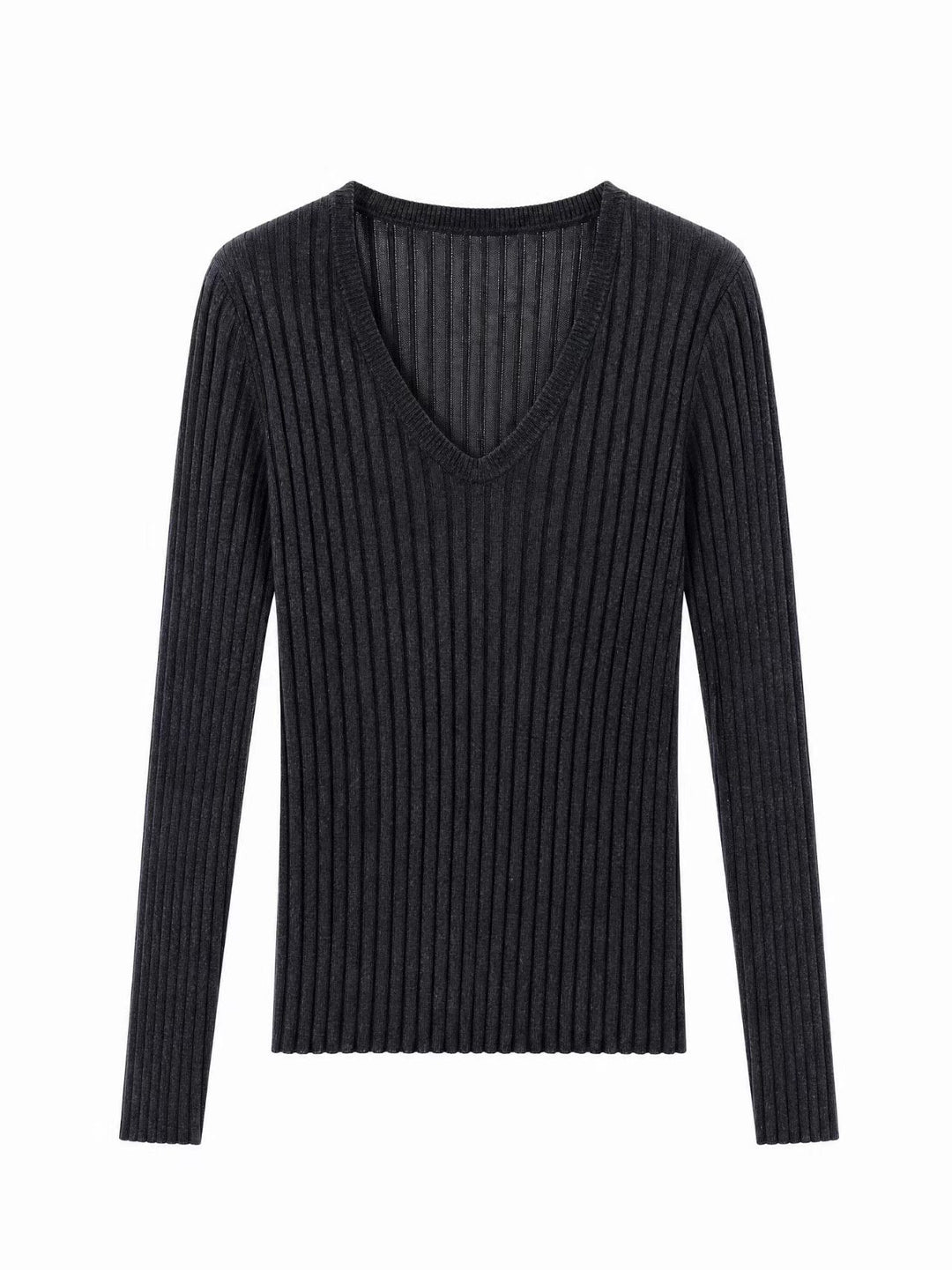 Women Tight Fine Knit Long Sleeve with Deep V-Neck and Wide Ribbed Structure Mune Fashion